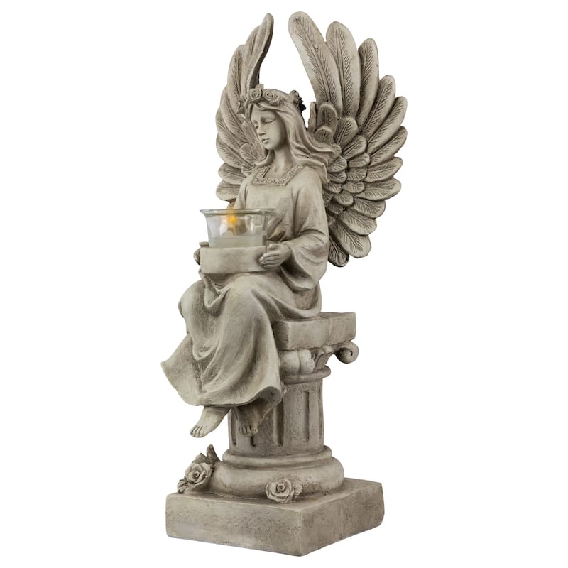 17" Peaceful Angel on Pedestal Candle Holder Outdoor Statue