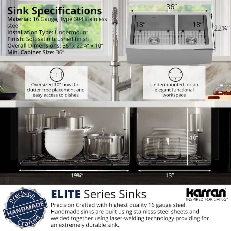 Karran 36" Undermount Double Bowl Stainless Steel Farmhouse Kitchen Sink Kit