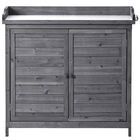 39" Wooden Rustic Potting Bench Table, Storage Cabinet Garden Shed with 2-Tier Shelves and Side Hook