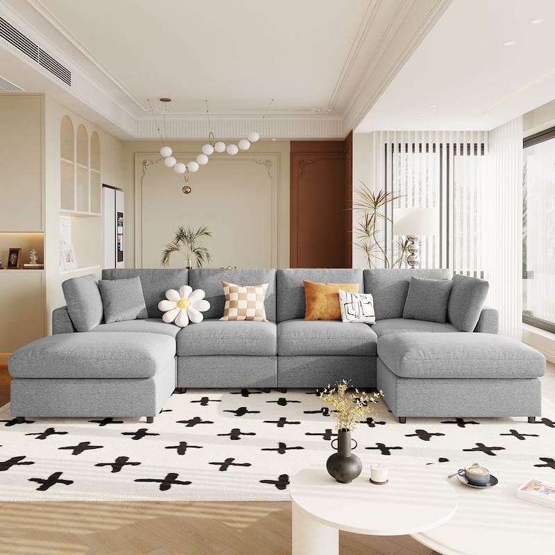 U-Shaped Modular Design Chenille Fabric Sectional Sofa with 2 Movable Ottomans