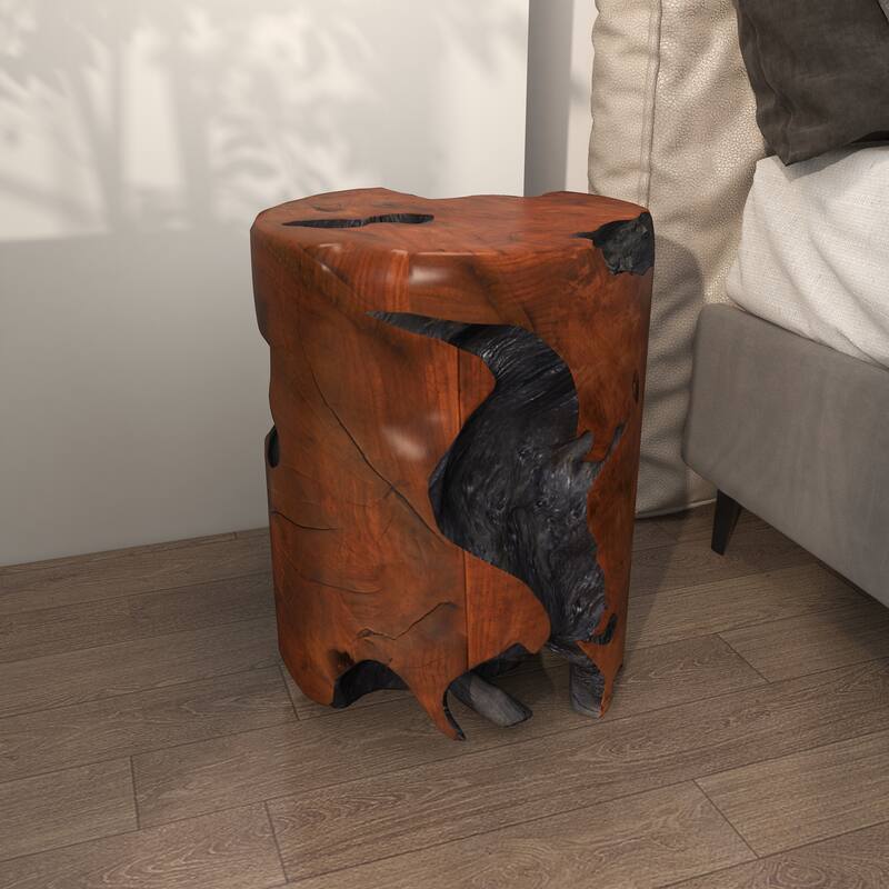 Brown Teak Wood Handmade Live Edge Stump Accent Table with Charred Detailing