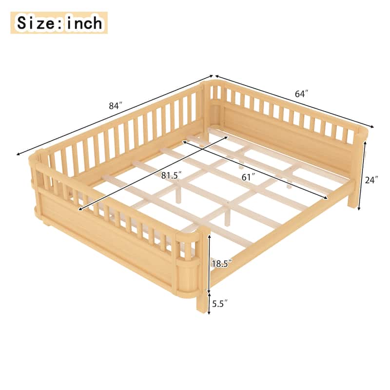 Wood Platform Bed with Guardrails & Detachable Fence, Twin/Full/Twin XL/Queen Size Kids Bed, Safety Design, No Box Spring