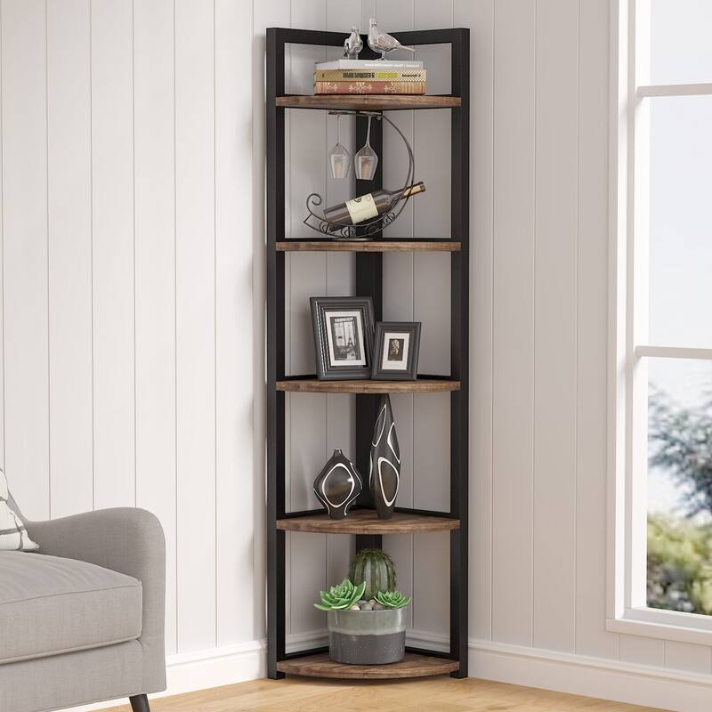 5 Tier Corner Shelves, Rustic Industrial Corner Bookshelf Bookcase