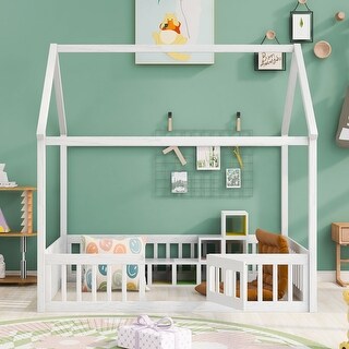 Full Wooden Montessori House Bed with Fence Railings & Door for Kids ...
