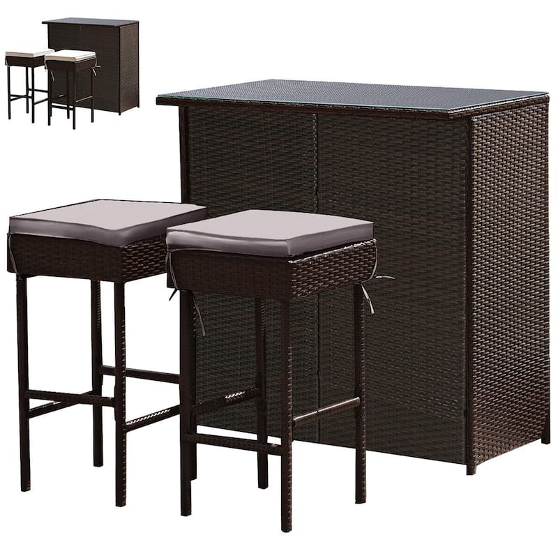 Gymax 3PCS Rattan Patio Bar Table & Stool Set Dining Set w/ Gray & Off - Grey