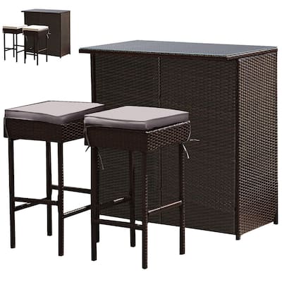 Gymax 3PCS Rattan Patio Bar Table & Stool Set Dining Set w/ Gray & Off
