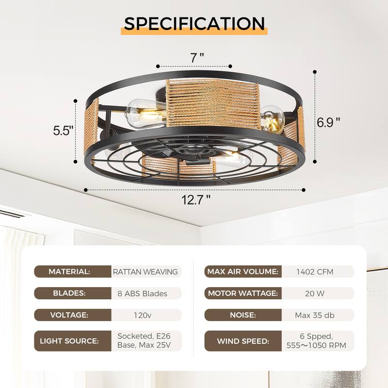 20 in. Indoor Black 100-240 V with Remote Control Rattan Cage Ceiling Fan with Light - 19.7 Inches