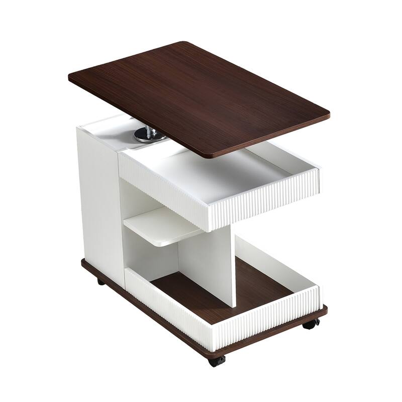Adjustable End Table with Wheels, Multifunctional Sofa Side Table with Lift-Top, 360°Rotating Top and Storage Space