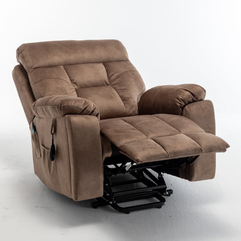 Brown Power Lift Recliner with Massage, Lumbar Heating, Silent German Motor, Luxurious Goose Down Fabric, and Cup Holders