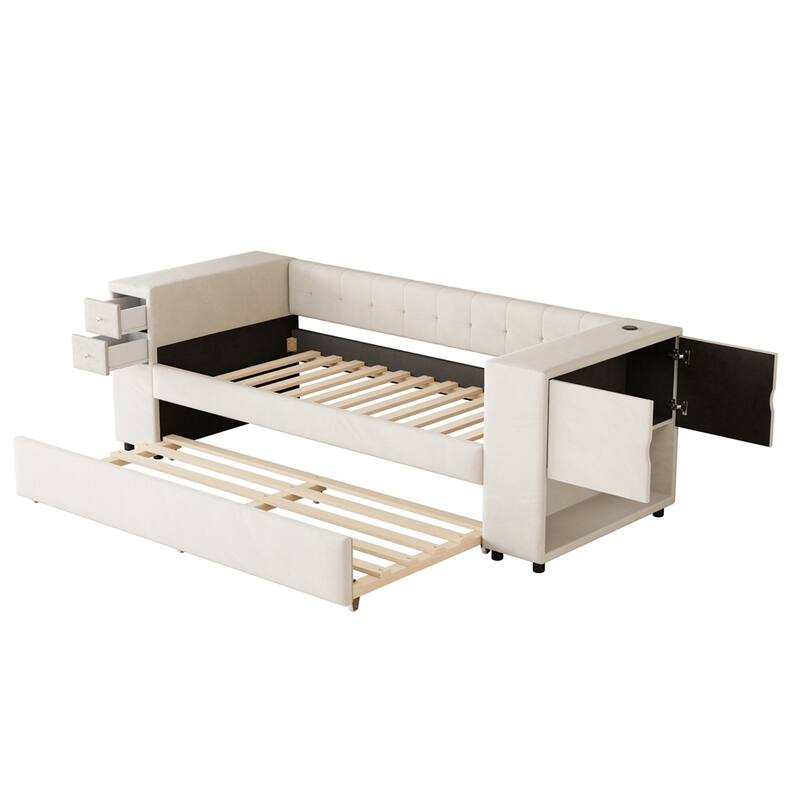 Upholstered Velvet Fabric Bed with Storage and Twin Trundle