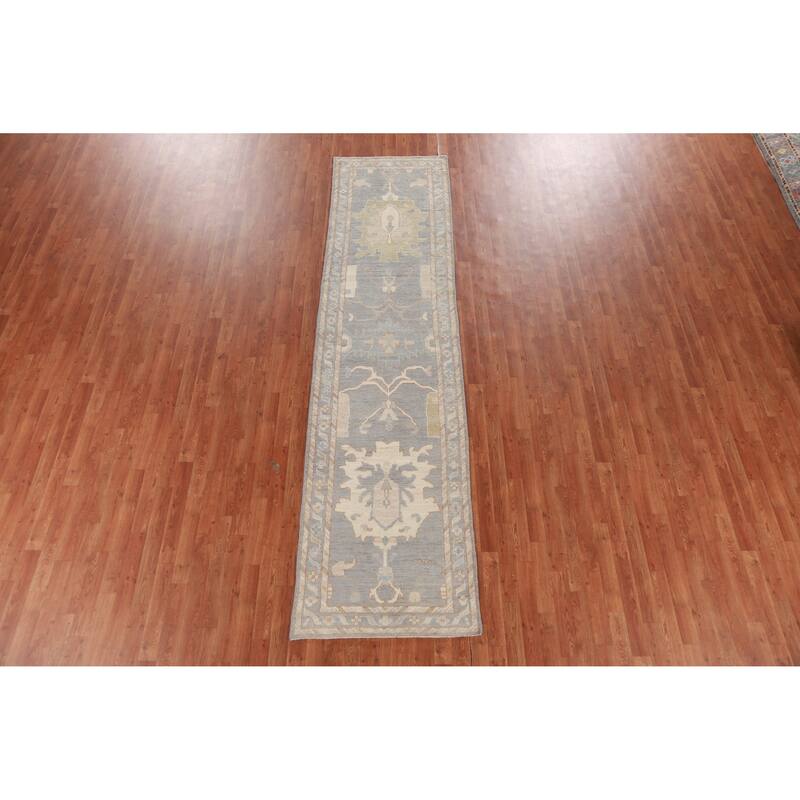 Hand Knotted Oriental 100% Wool Carpet Transitional Floral Greys & Charcoal Oushak Runner Rug - 11' 7'' X 2' 11''