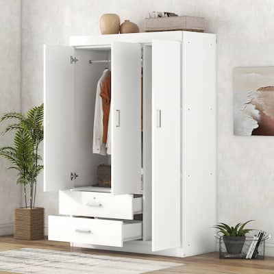 3-Door Wood Wardrobe with Drawers - N/A