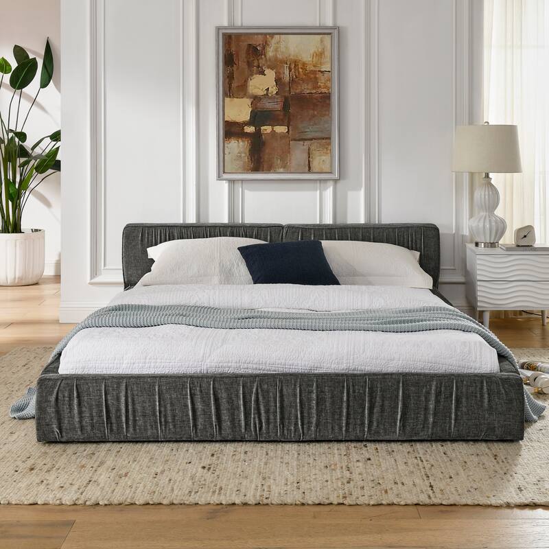 Queen Size Upholstered Floor Bed Frame, Chenille Fabric Queen Platform Bed with Headboard and Solid Frame, Wood Slats Support - DARK GREY - Queen