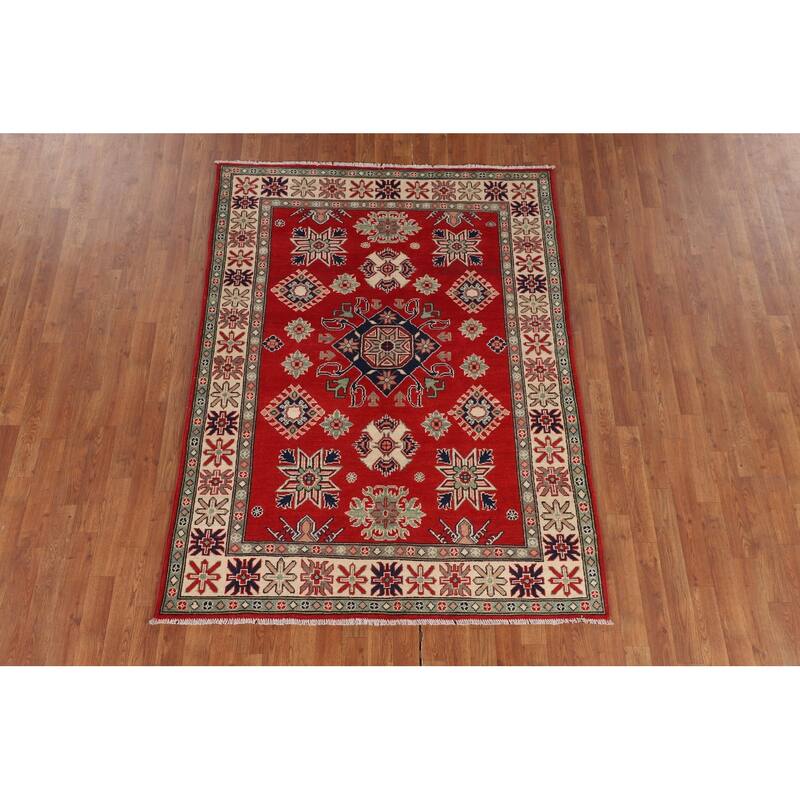 Red Geometric Kazak Area Rug Handmade Oriental Bedroom Wool Carpet - 4'10" x 6'5"