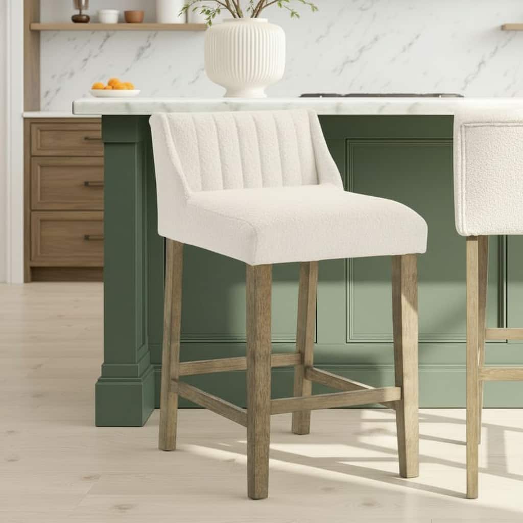 Fauna Low-Back Boucle Bar Stool, Upholstered Counter Height Kitchen Barstool with Wood Legs