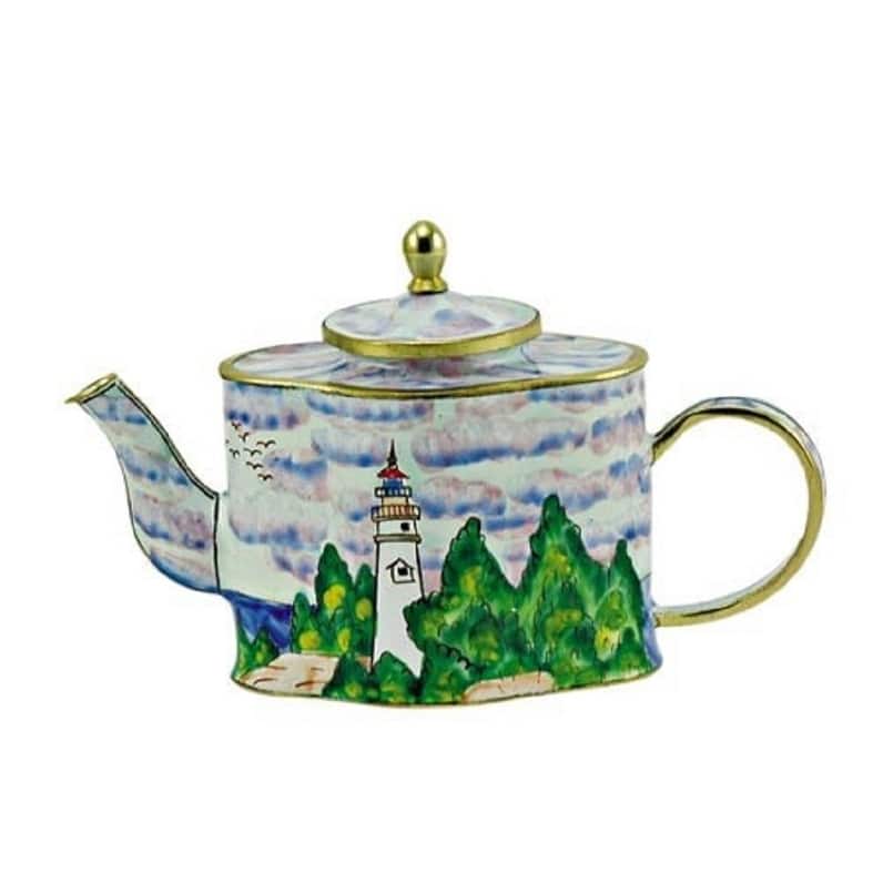 White Lighthouse with Trees Enameled Hinged Miniature Teapot - Multi