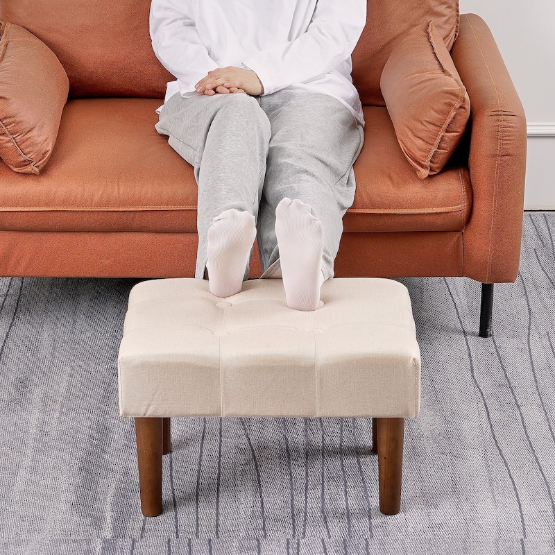 Javlergo Set of 1 or 2 Linen Ottoman Foot Rest with Wooden Legs Tufted Rectangle Upholstered Footstool for Couch Living Room