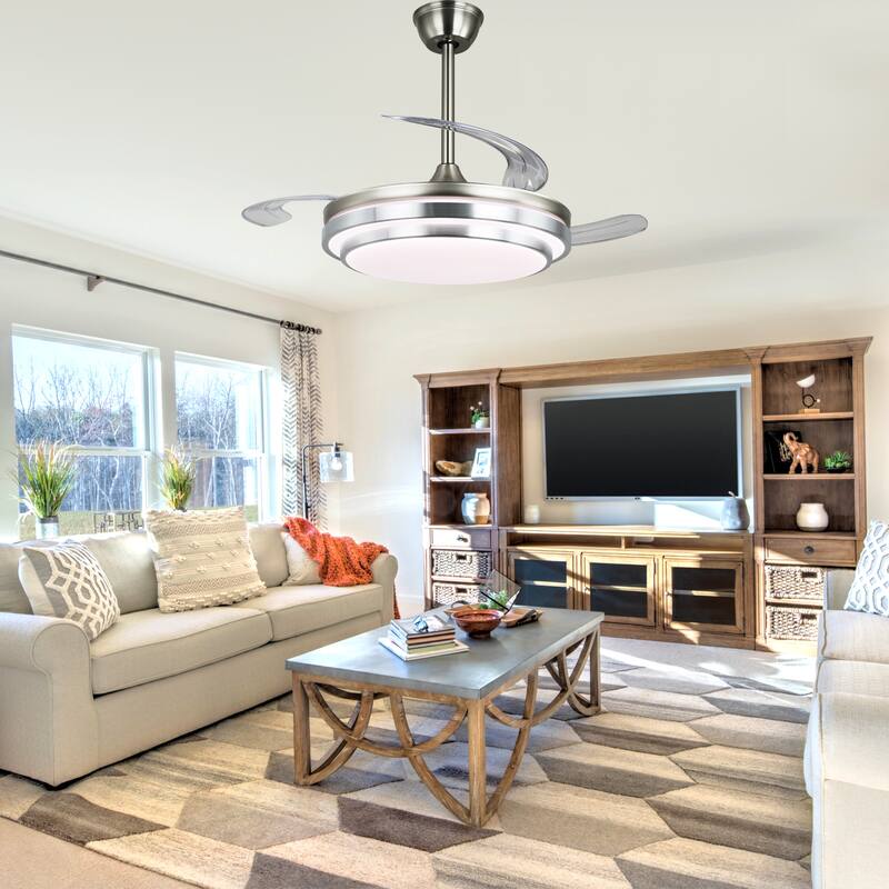 Cusp Barn 42 Inch Retractable Ceiling Fan with Lights, Modern Silent DC Motor 6 Speeds Chandelier Ceiling Fan for Bedroom