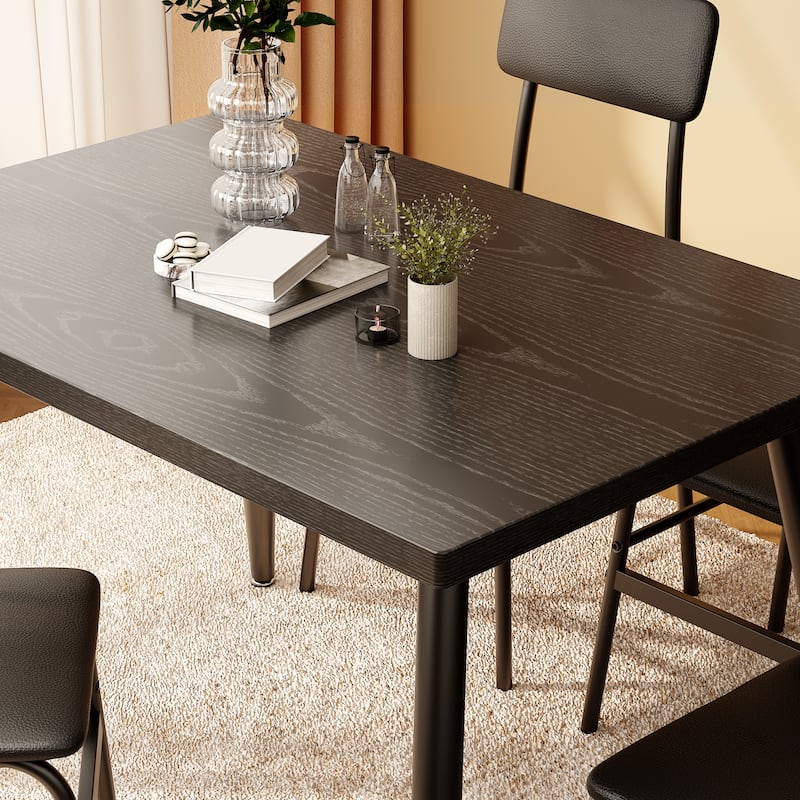 5-Piece Mid-Century Rectangular Dining Table, Industrial Kitchen Table Set with 4 Faux Leather Chairs