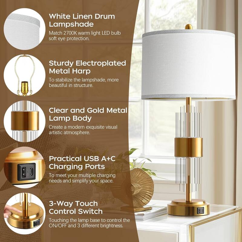 Bedside Table Golden Lamp For Living Room With USB Ports, Set Of 2 With Touch Control (2700K LED Bulb Included)
