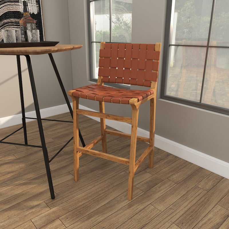 Camel Brown or Black Teak Wood Woven Leather Seat and Back Bar Stool with Beam Footrest