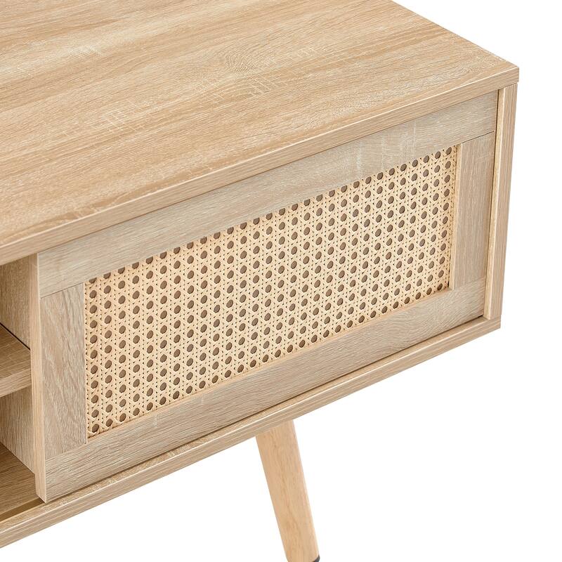 Modern Rattan Woven TV Stand with Adjustable Shelves, Solid Wood Legs, and Sliding Doors.