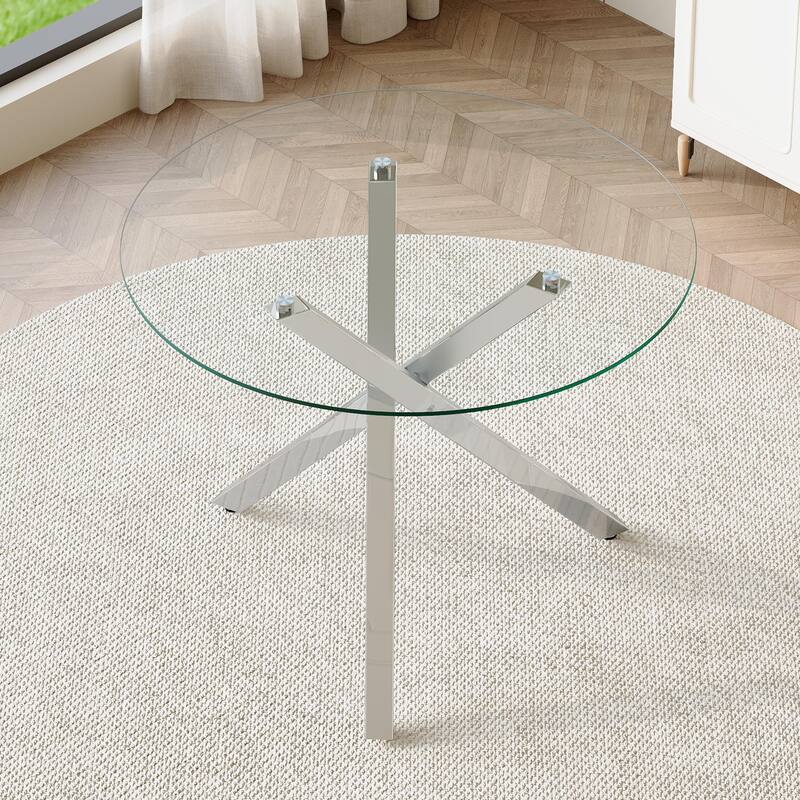 Round glass dining table suitable for 2-4 people diameter 39 inches, height 30 inches, X-shaped silver metal frame