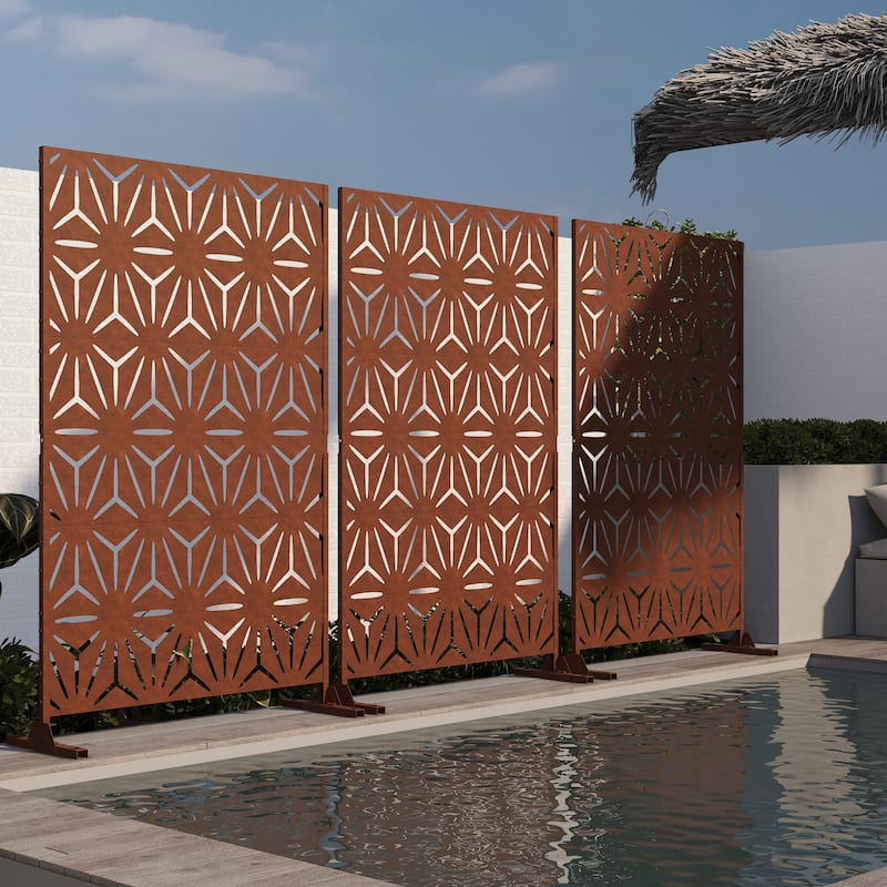 Outdoor Privacy Screen with Stand for Patio Garden Metal Fence - Reddish Brown - 005-Star