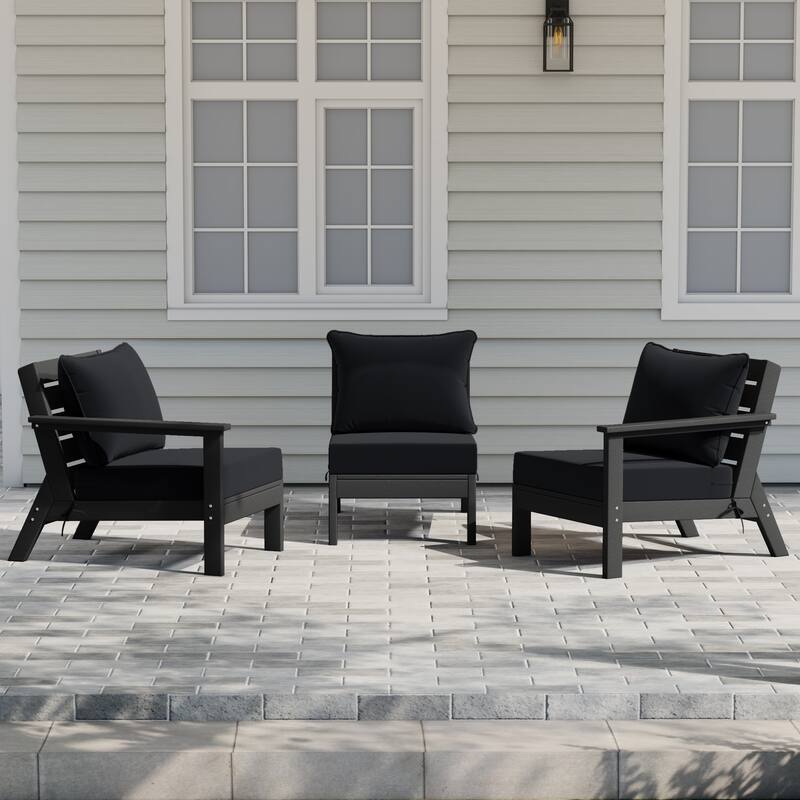 Birchwood All Weather HDPE Outdoor Patio Deep Seating Black Sofa With Cushions (3-Piece) - Black/Black