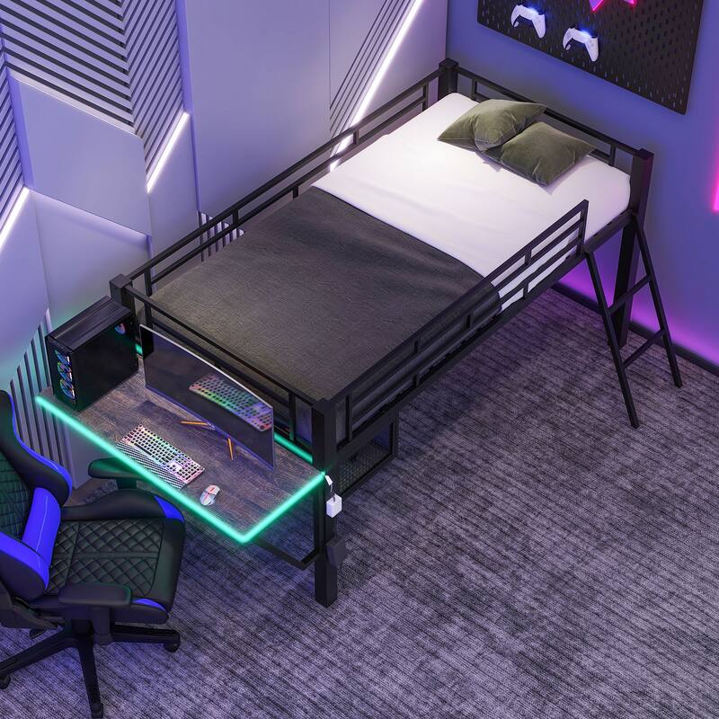 Mid Loft Gaming Bed with Desk, LED Lights, Twin Size, Black