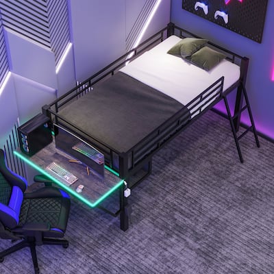 Twin Size Loft Bed with LED and Bed Tail Gaming Desk, Junior Metal Bed Frame with Angled Ladder and Safety Guard for Bedroom