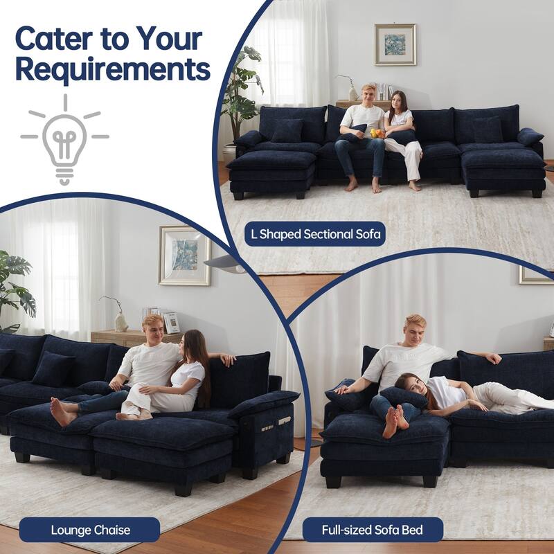 144" Modular Compression Sofa Set Convertible Sectional Sleeper Couch with 2 Ottomans