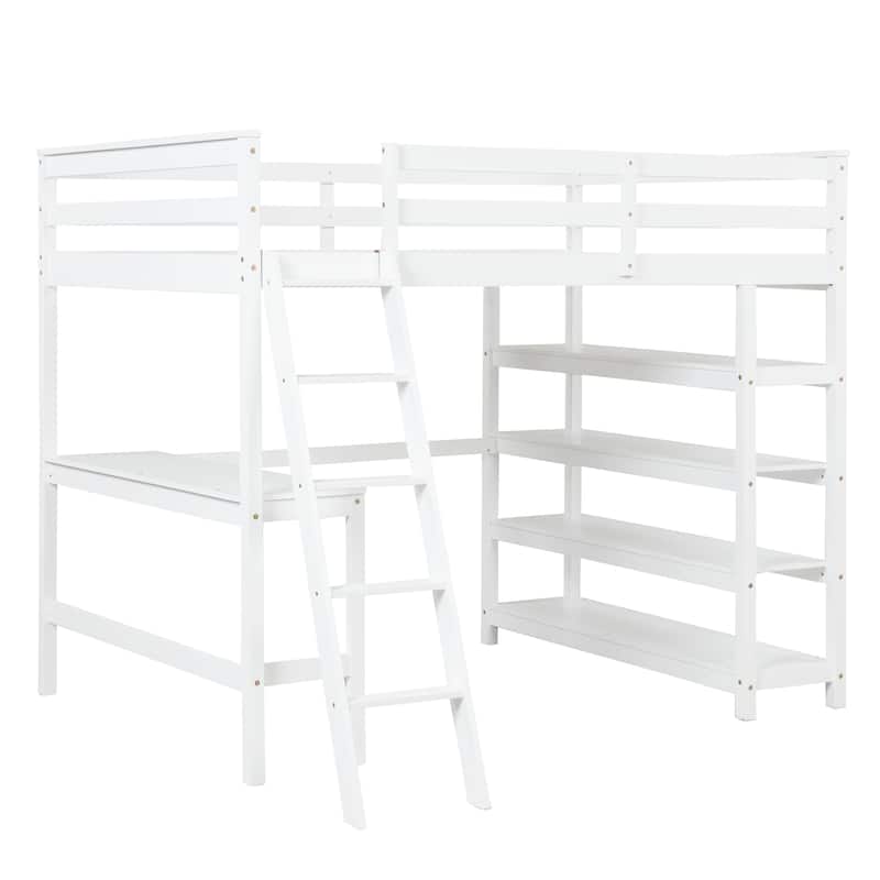 Loft Bed Full with Storage Desk Ladder and Shelves White