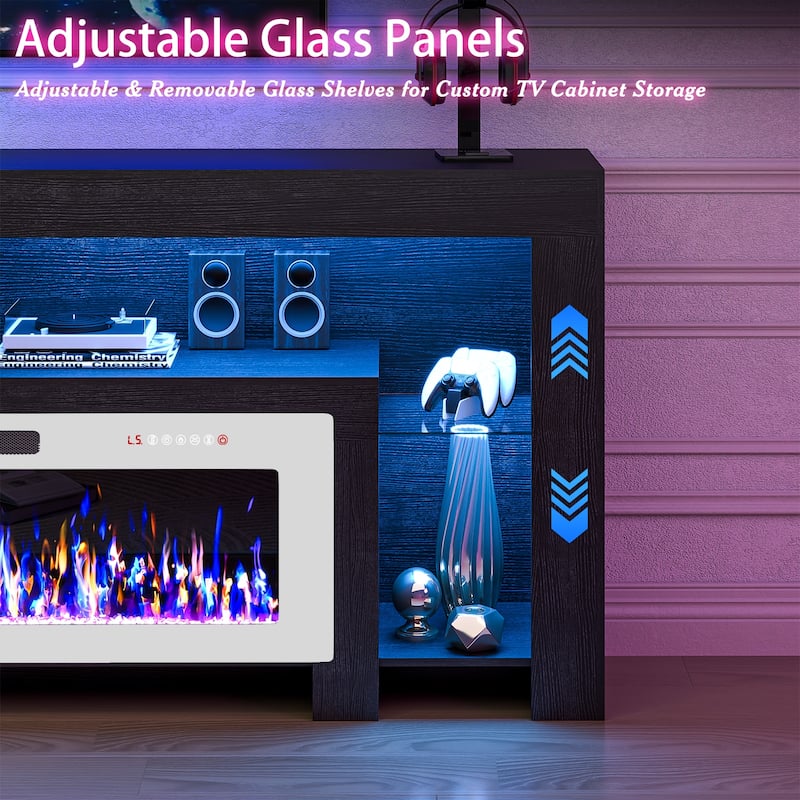 BOSSIN 82" Electric Fireplace TV Stand Entertainment Center, High Gloss with LED Lights, Holds TVs Up to 90 Inches, White