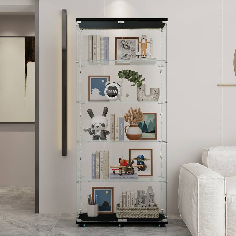 Tempered glass display cabinet, file cabinet, with Bluetooth LED light strip, lock on the door,equipped with cast, easy to move
