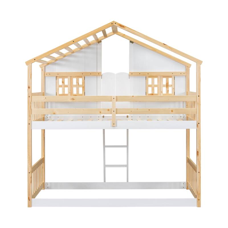 Roomfitters Twin Over Twin House Bunk Bed with Roof, Window Box, Door, Safety Guardrails and Ladder