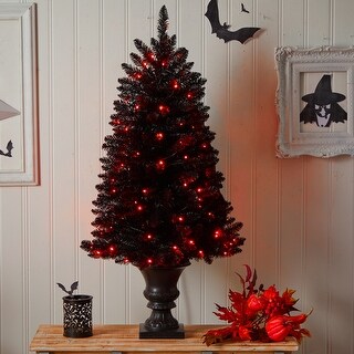 4' Black Halloween Xmas Tree in Urn w/100 Orange LED Lights - 23”D x 23”W x 48”H