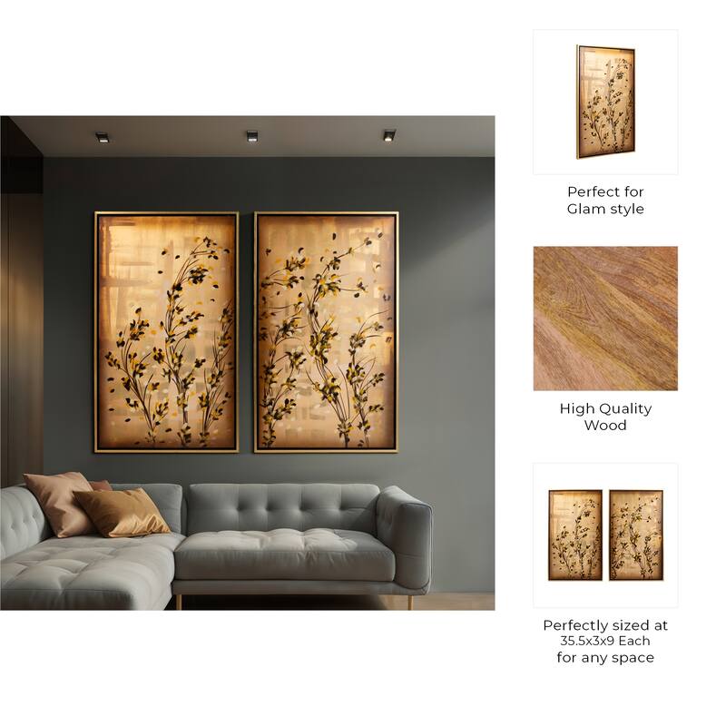 Wood Framed Art Leaf Floral Wall Decor (Set of 2) - 9" Gold Metallic