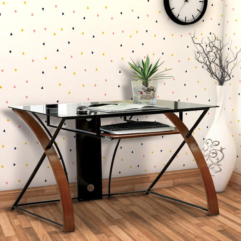 Glass Top Computer Desk with Z Shaped Metal Legs, Brown and Black - Black, Brown