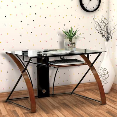 Glass Top Computer Desk with Z Shaped Metal Legs, Brown and Black