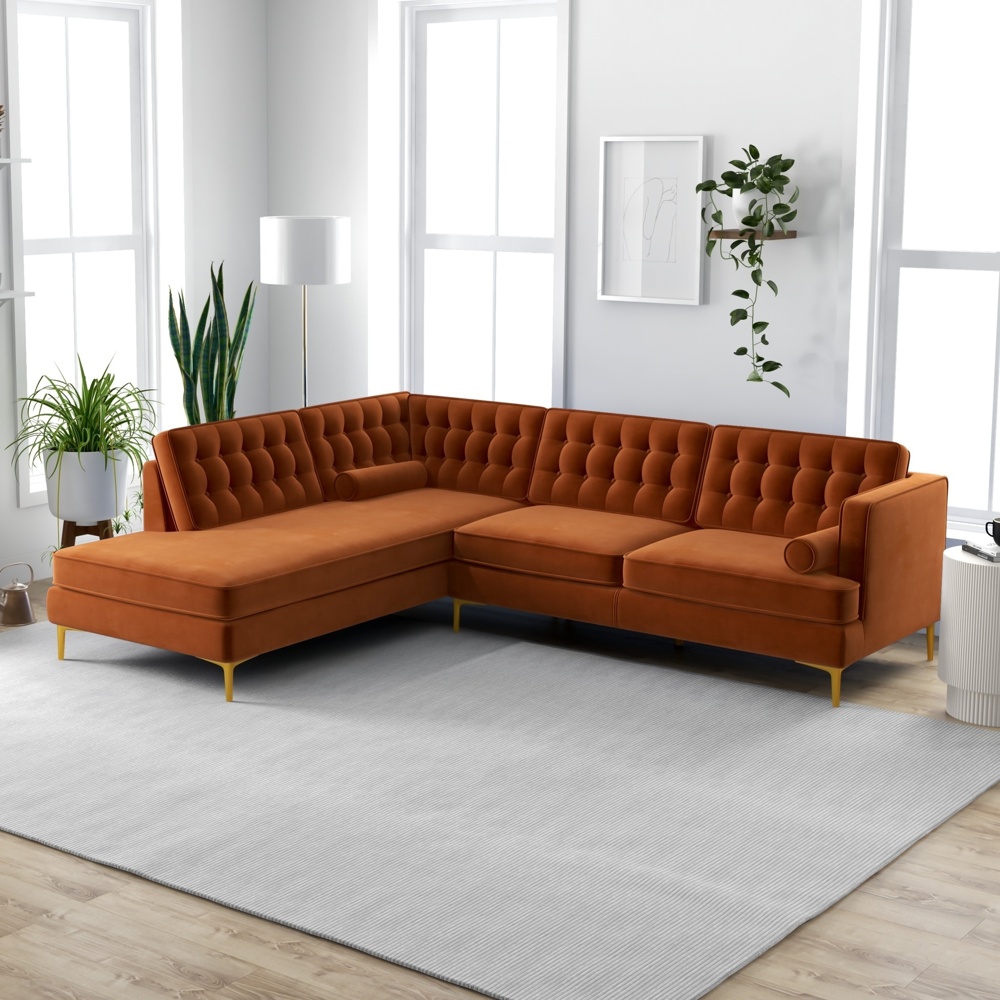 Caterina Modern Living Room Tufted Velvet Corner Sectional Sofa in Orange