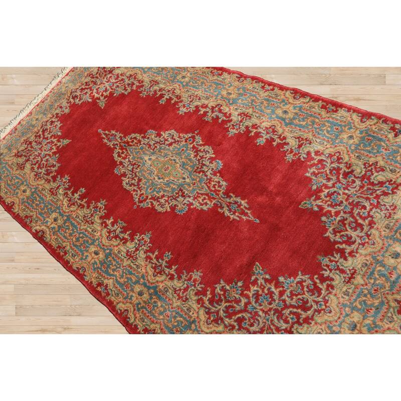 4x7'3'' Hand Knotted Wool Coral Traditional Kerman Medallion Rug - 4' x 7' 3''