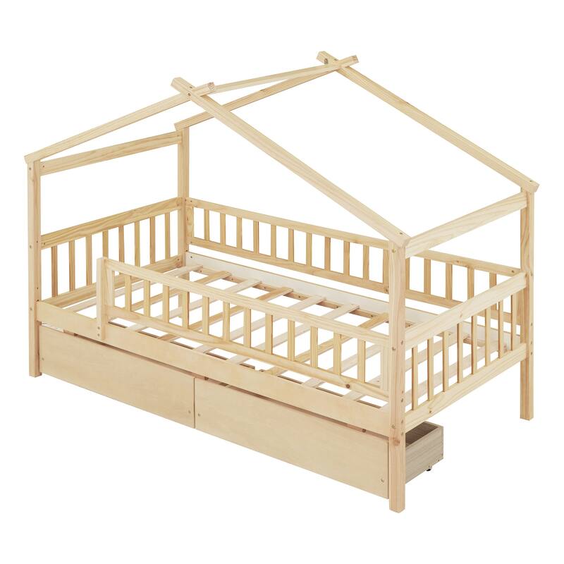 Twin Size House-Shaped Wooden Bed with Two Drawers, Natural Finish