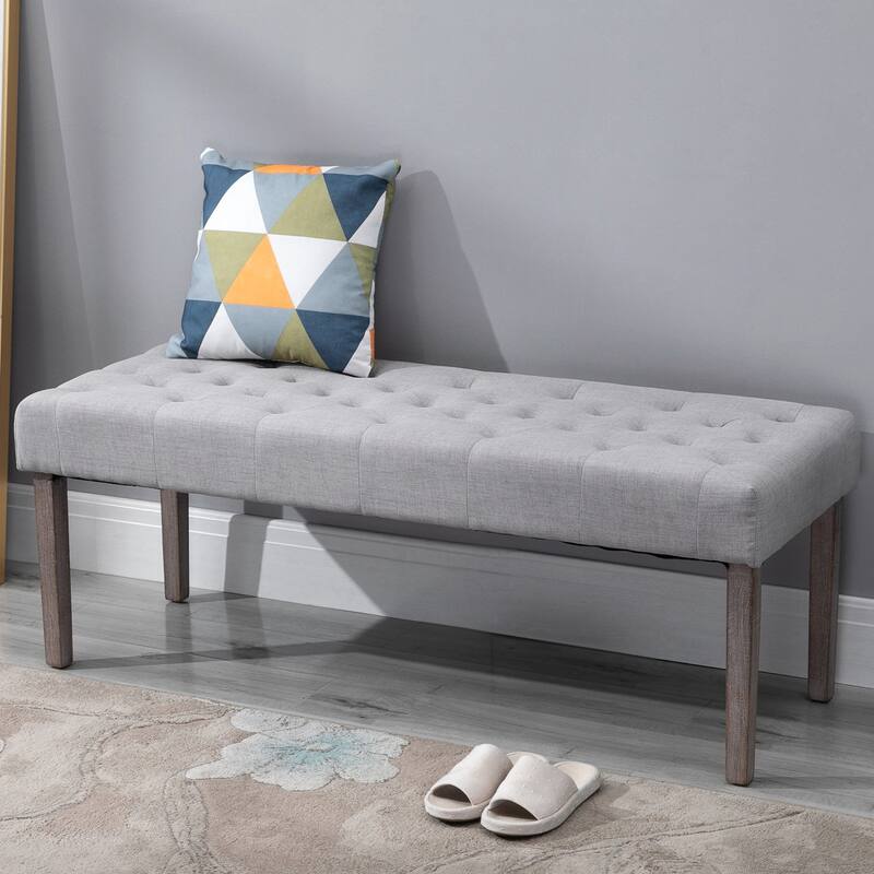 52" Grey Modern Soft Seat Bench with Button Tufted Cushion and Rubber Wood Legs Bed or Hallway Use