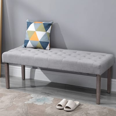 52" Grey Modern Soft Seat Bench with Button Tufted Cushion and Rubber Wood Legs Bed or Hallway Use