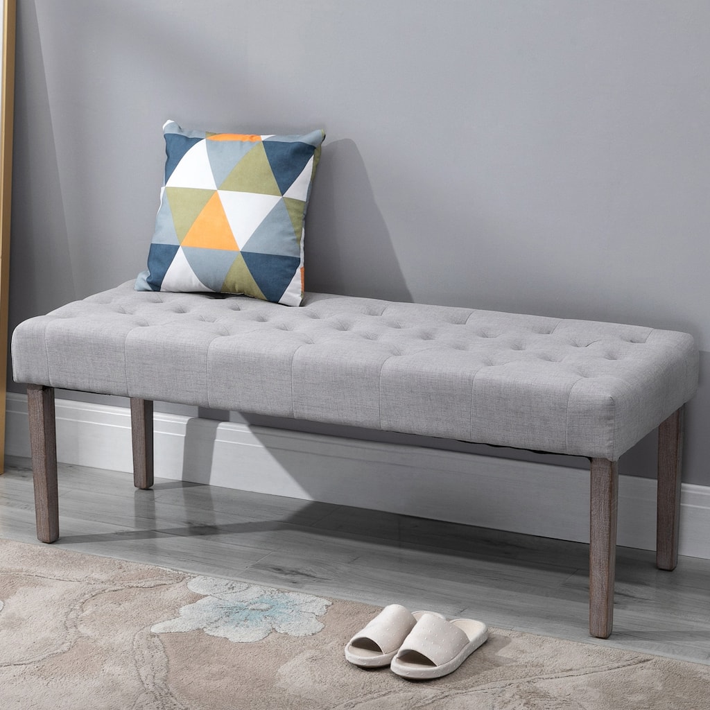 52" Grey Modern Soft Seat Bench with Button Tufted Cushion and Rubber Wood Legs Bed or Hallway Use
