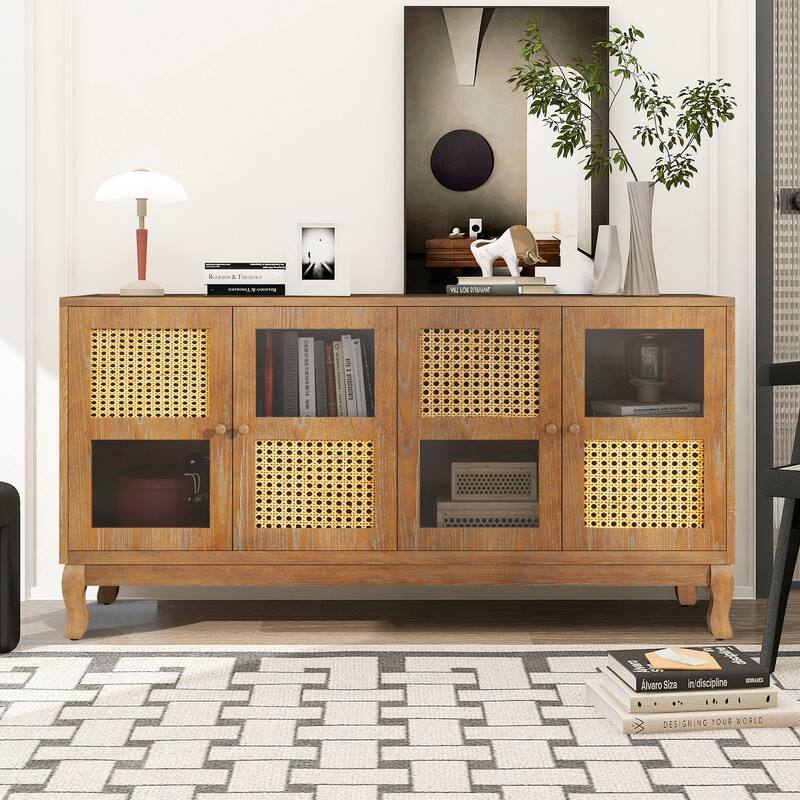 Retro 4-Door Sideboard with Large Storage Space and Rattan Doors for Home Entryway Decor - Brown