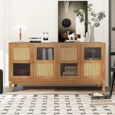 Retro 4-Door Sideboard with Large Storage Space and Rattan Doors for Home Entryway Decor