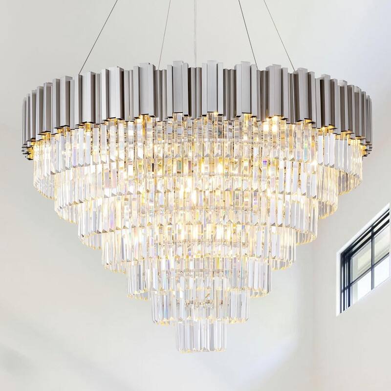 KAYLA Large Crystal Chandelier - 35.4"Modern 6-Tier 17-Light Chrome Ceiling Light, Luxury K9 Crystal - 39in - Sliver