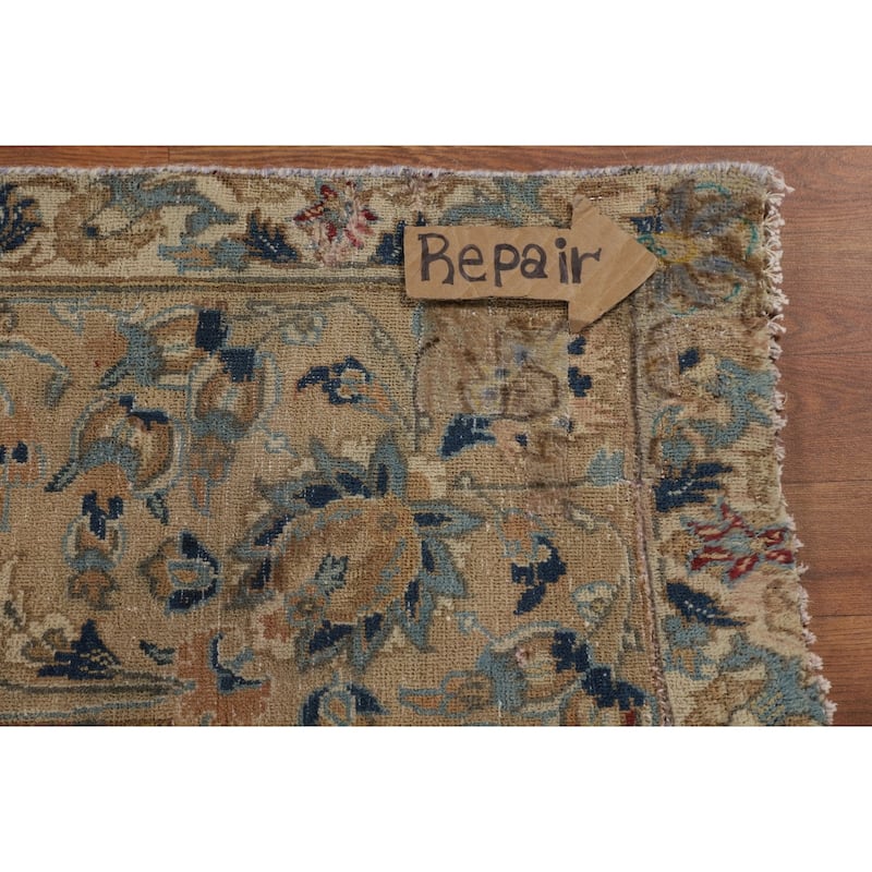 Distressed Floral Tabriz Persian Antique Rug Hand-Knotted Wool Carpet - 9'3" x 12'5"